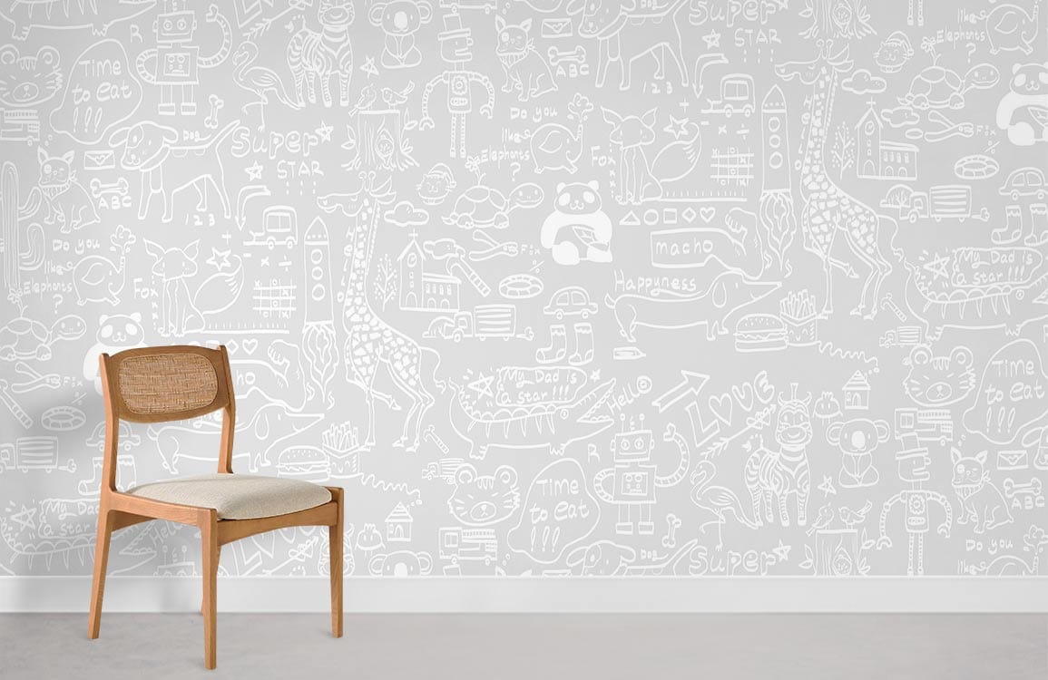 Whimsical Doodle Art Kids Wallpaper Mural in playroom