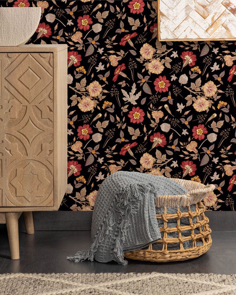 Wallpaper mural featuring autumn leaves and flowers, perfect for use in bathroom decor.