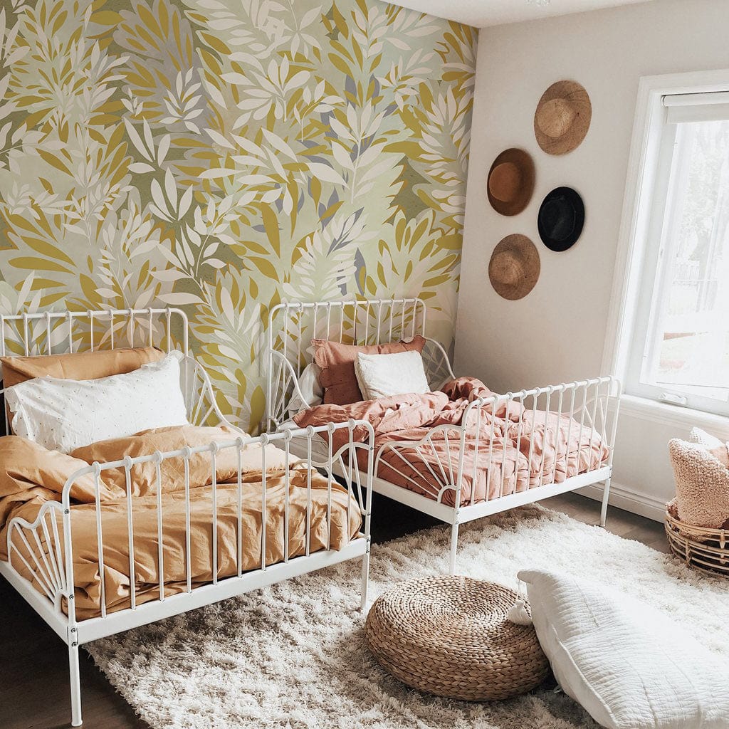 Botanical Leaf Pattern Beige Mural Wallpaper in bedroom