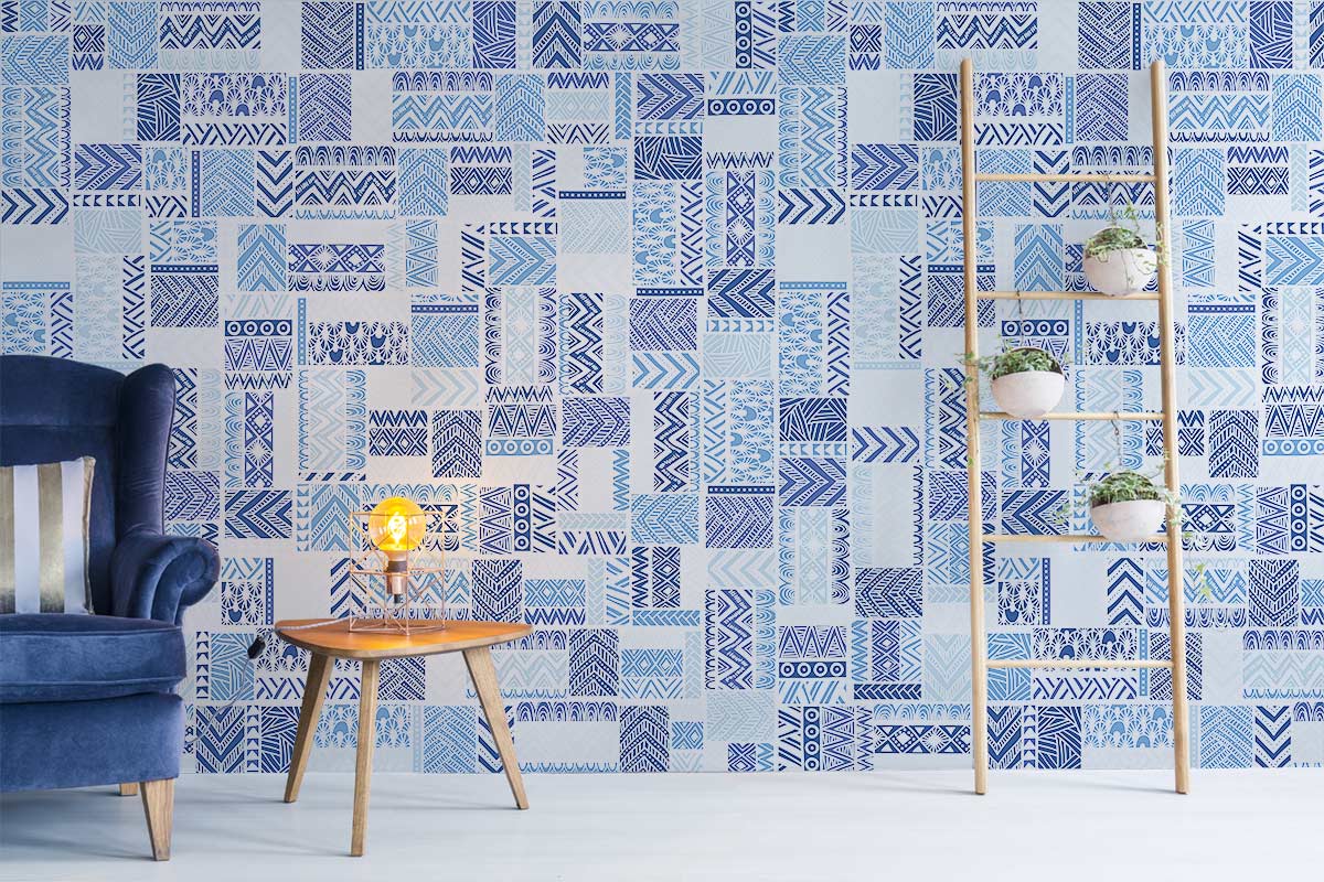 Aztec Patchwork Pattern Blue Tile Custom Wallpaper