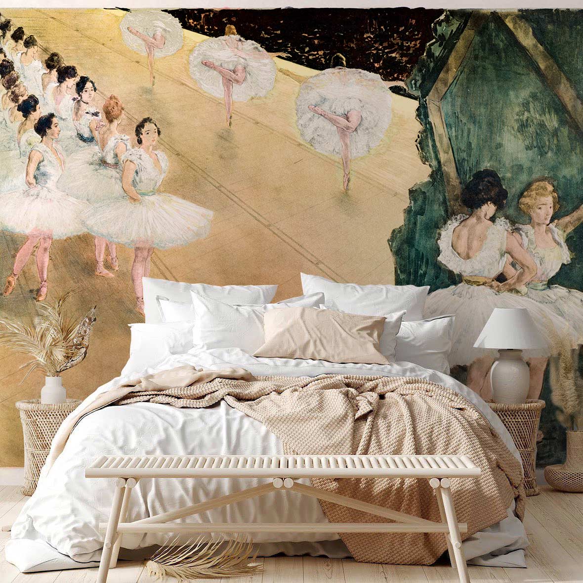 Vintage Ballet Dance Illustration Mural Wallpaper in bedroom
