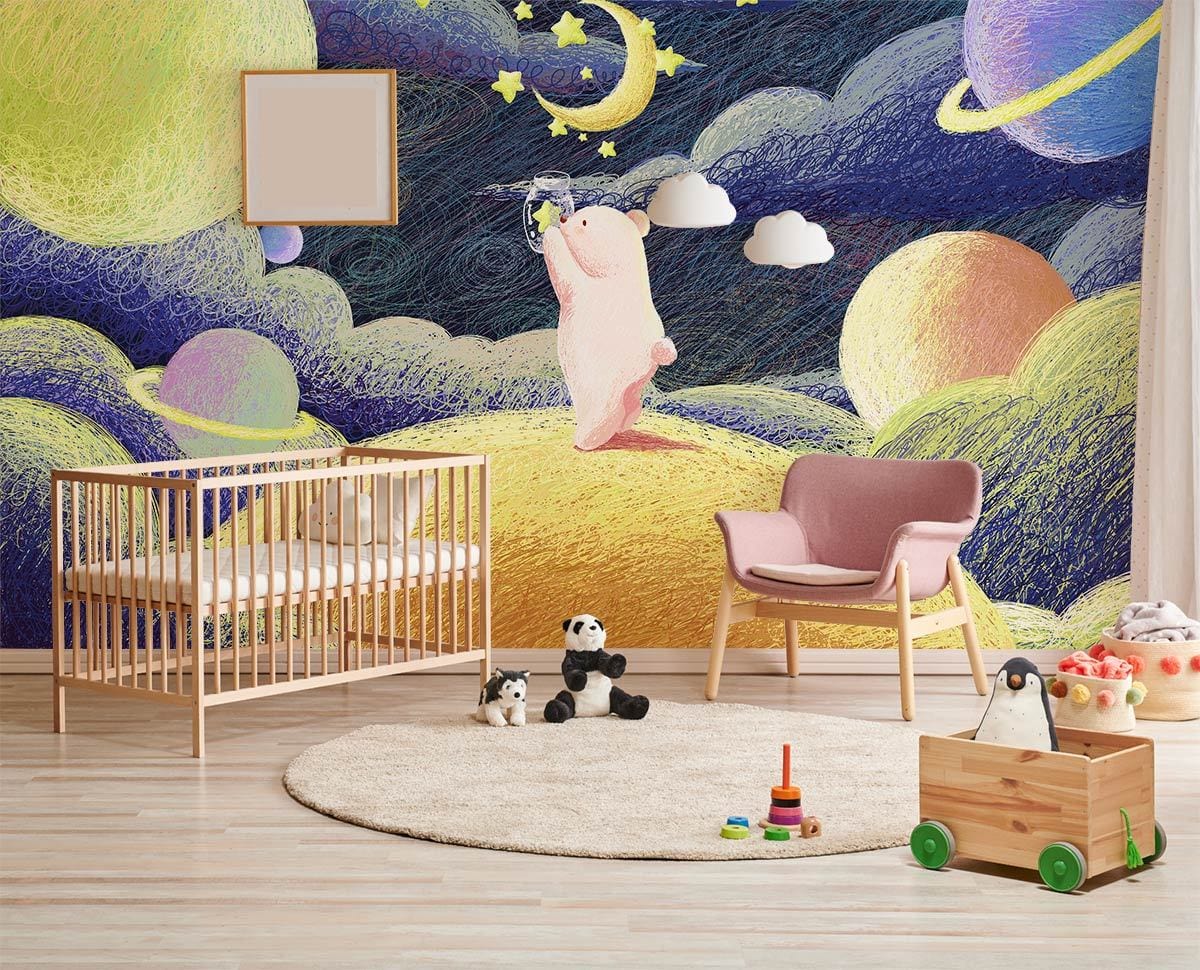 Whimsical Space Bear Kids Mural Wallpaper in nursery
