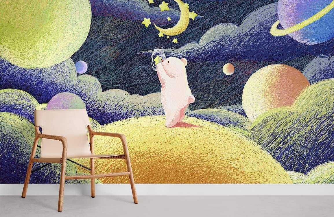 Whimsical Space Bear Kids Mural Wallpaper in playroom