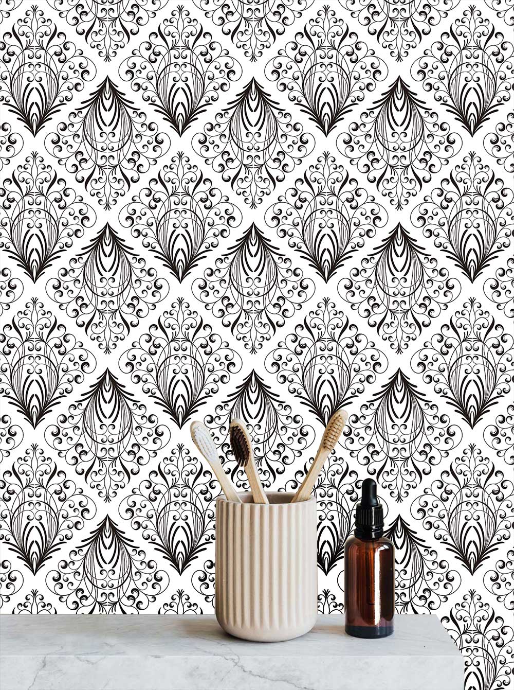 Elegant Damask Black White Mural Wallpaper in bathroom