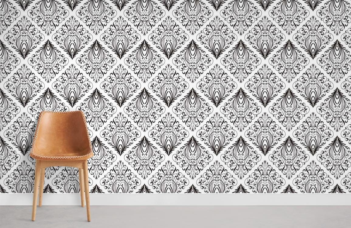 Elegant Damask Black White Mural Wallpaper