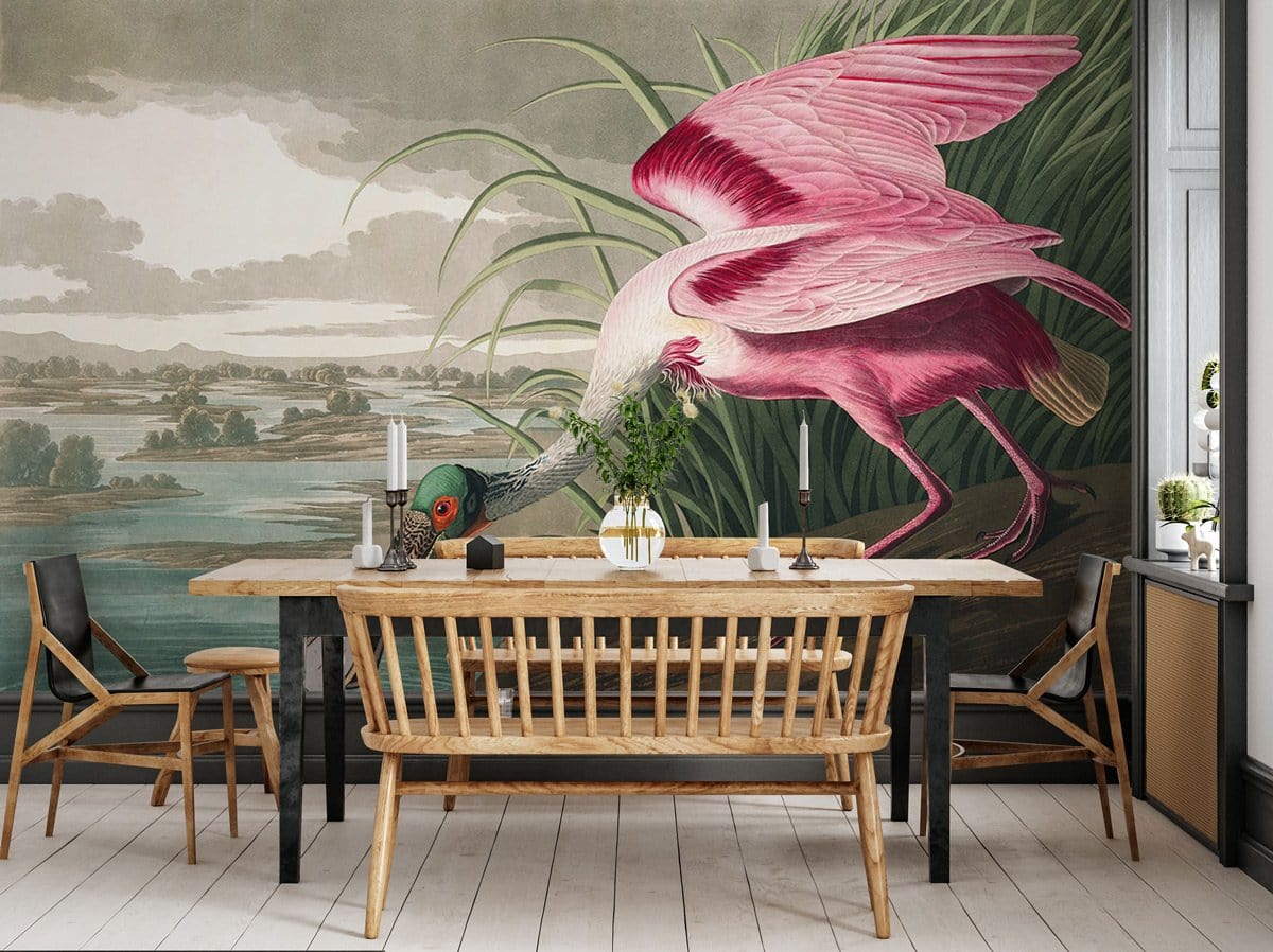 Vintage Roseate Spoonbill Bird Mural Wallpaper in dining room