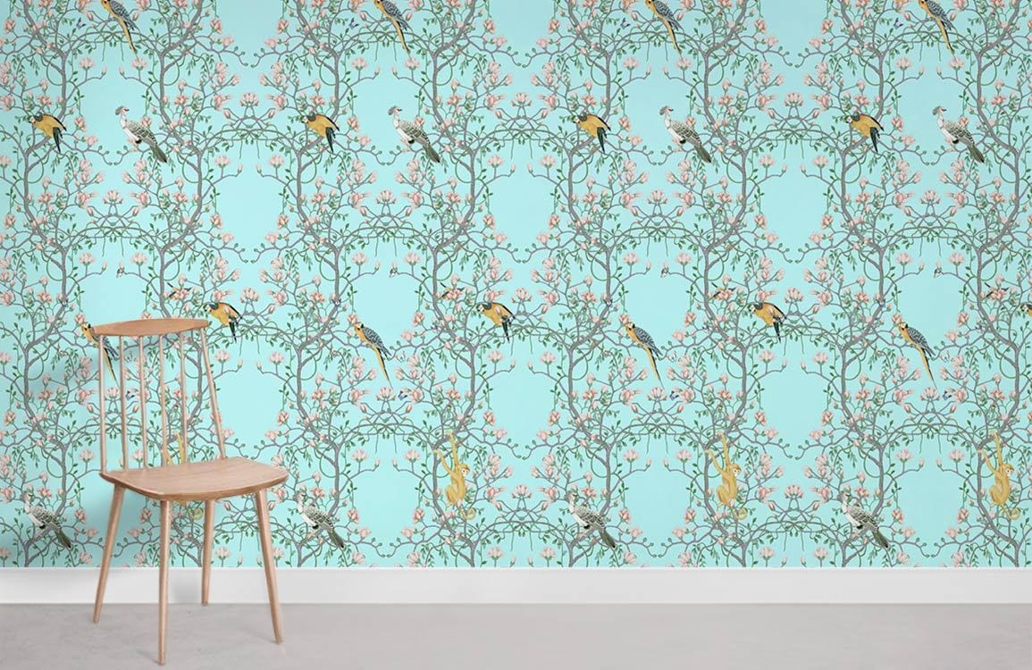 Vintage Bird Floral Teal Mural Wallpaper