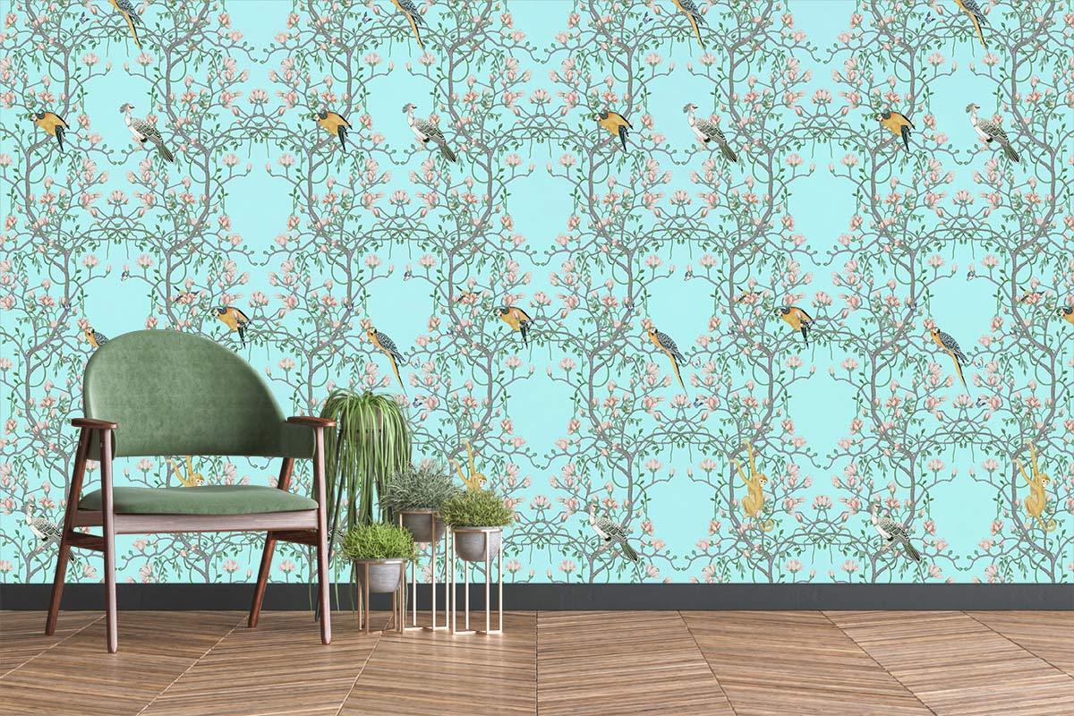 Vintage Bird Floral Teal Mural Wallpaper