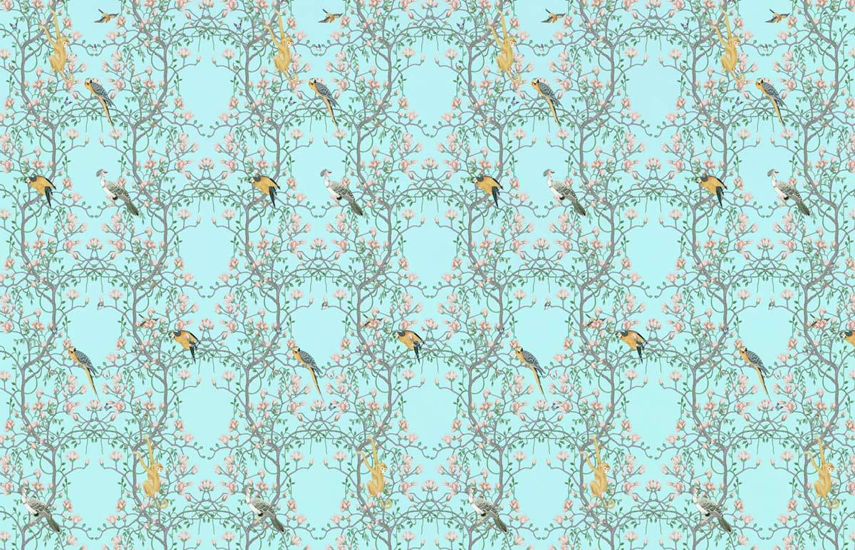 Vintage Bird Floral Teal Mural Wallpaper