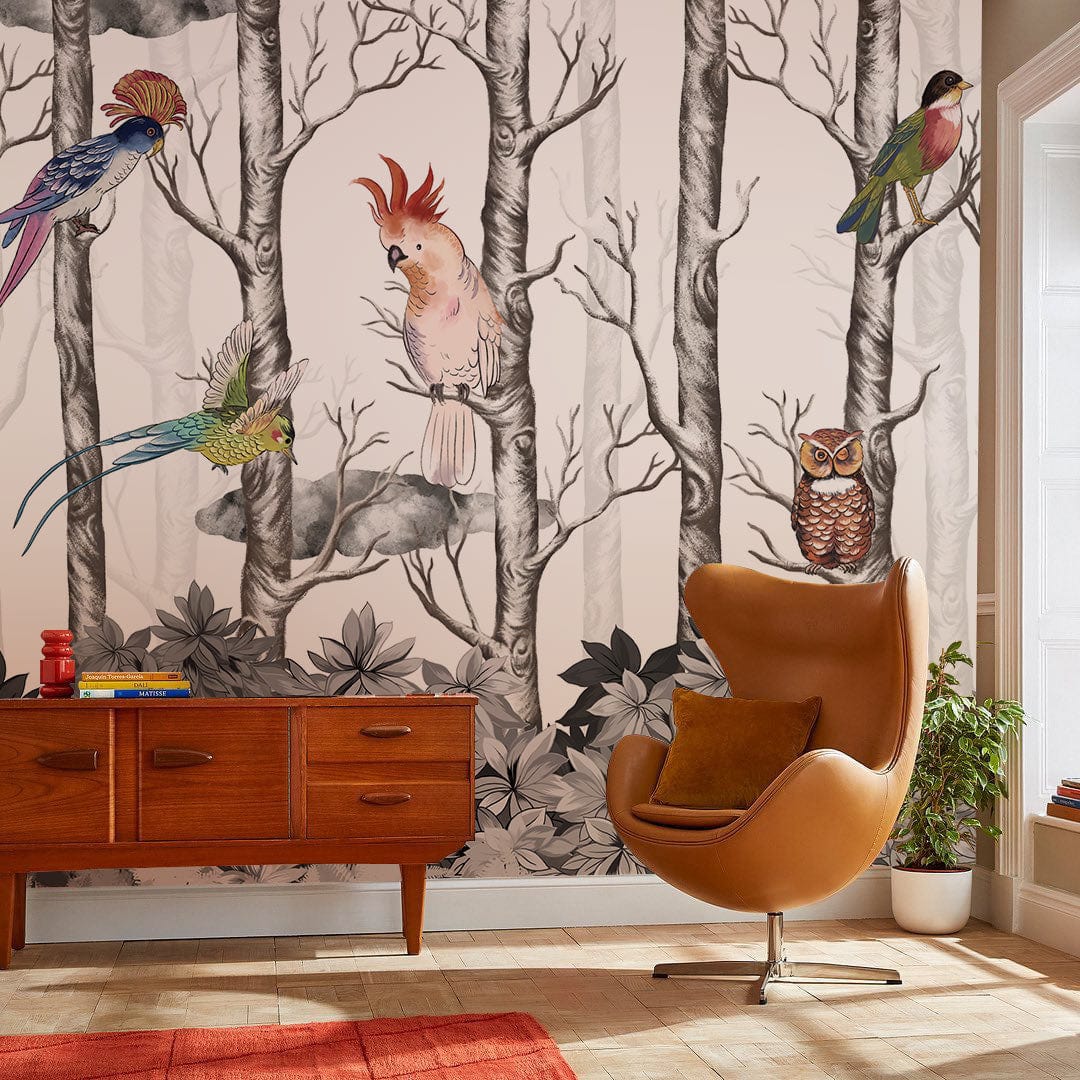 Enchanted Forest Birds Mural Wallpaper in living room