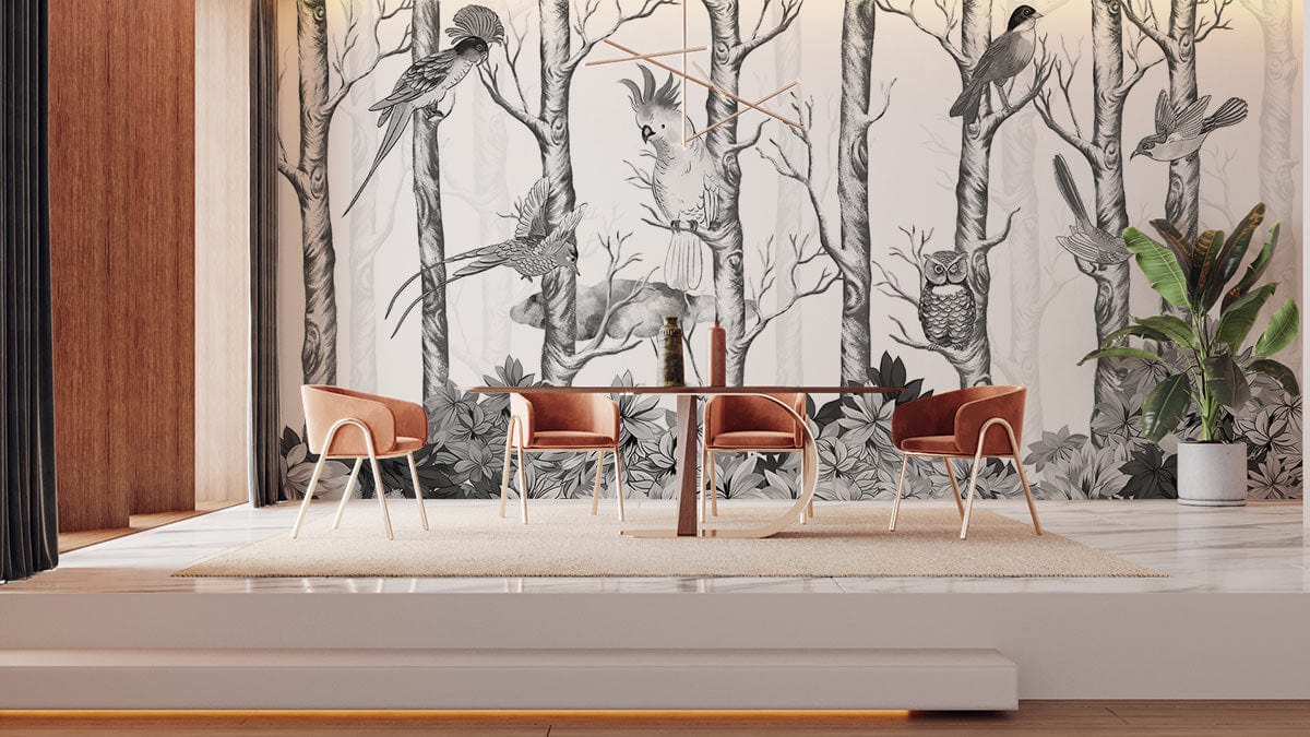 Monochrome Forest Birds Mural Wallpaper in dining room