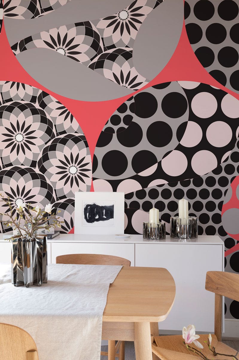 Kaleidoscope wallpaper mural in black and pink, perfect for decorating the