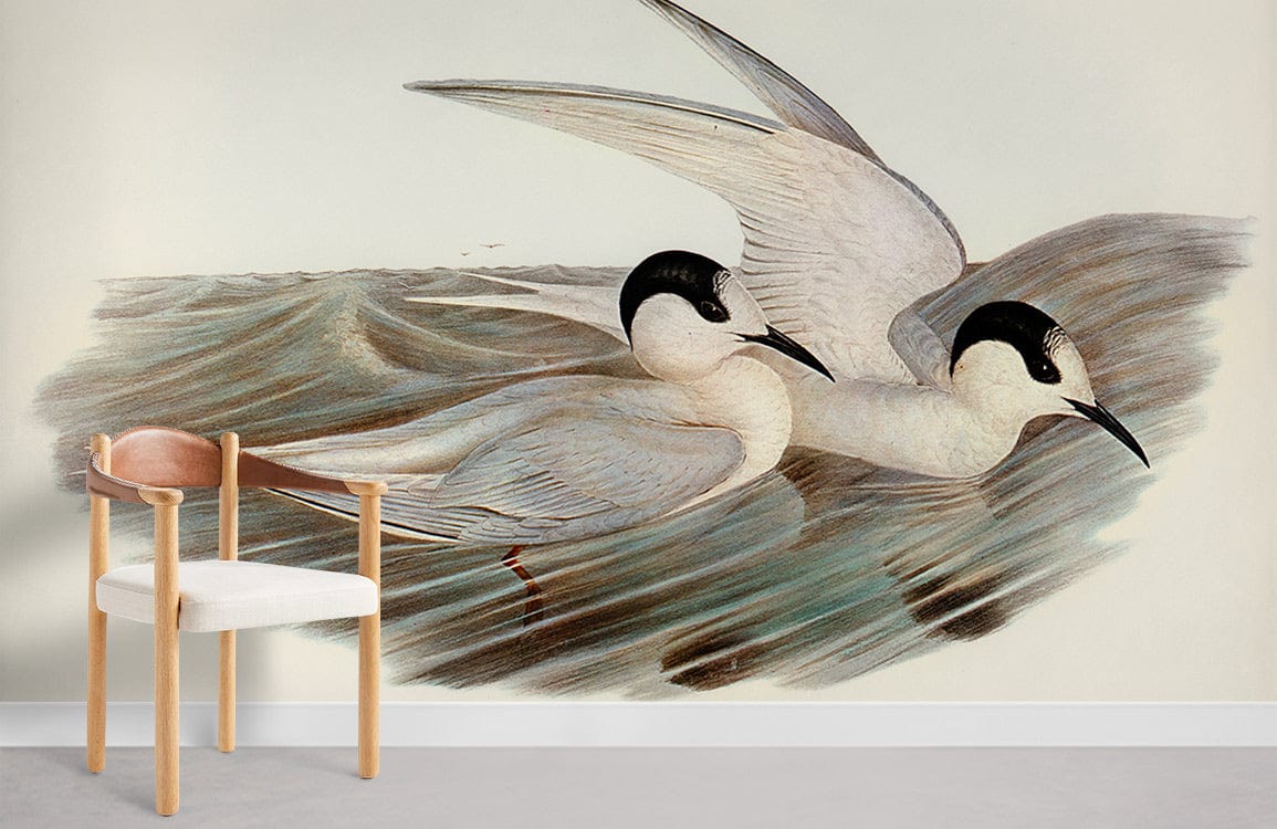 Elegant Seabirds Watercolor Mural Wallpaper in living room