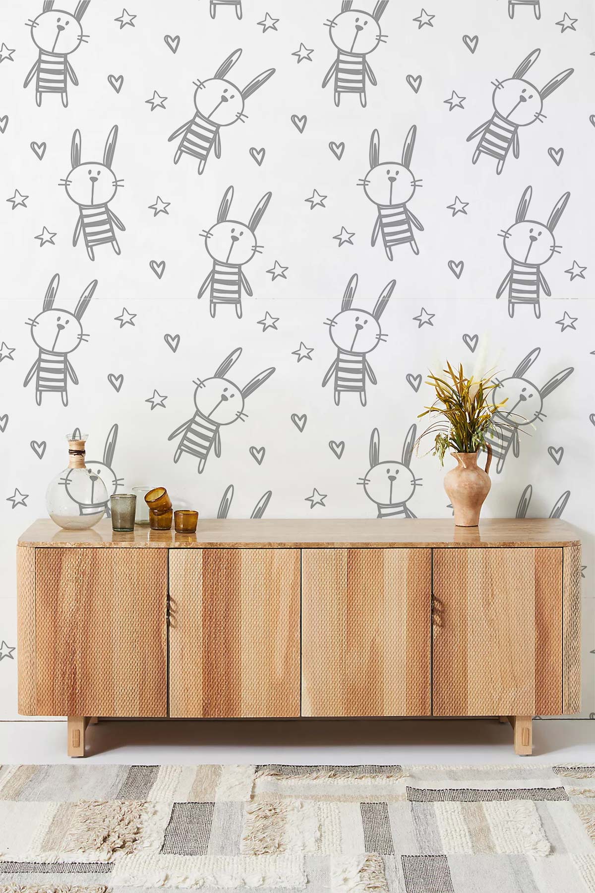 Black & White Bunny Mural Wallpaper Home Interior Decor
