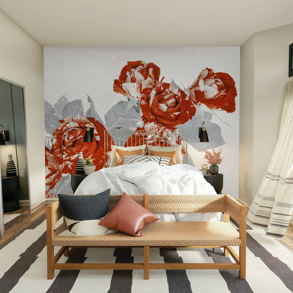 Red Rose Floral Art Mural Wallpaper in bedroom