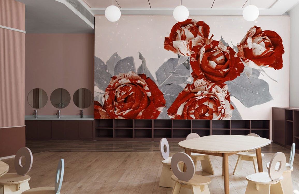Red Rose Floral Art Mural Wallpaper in playroom