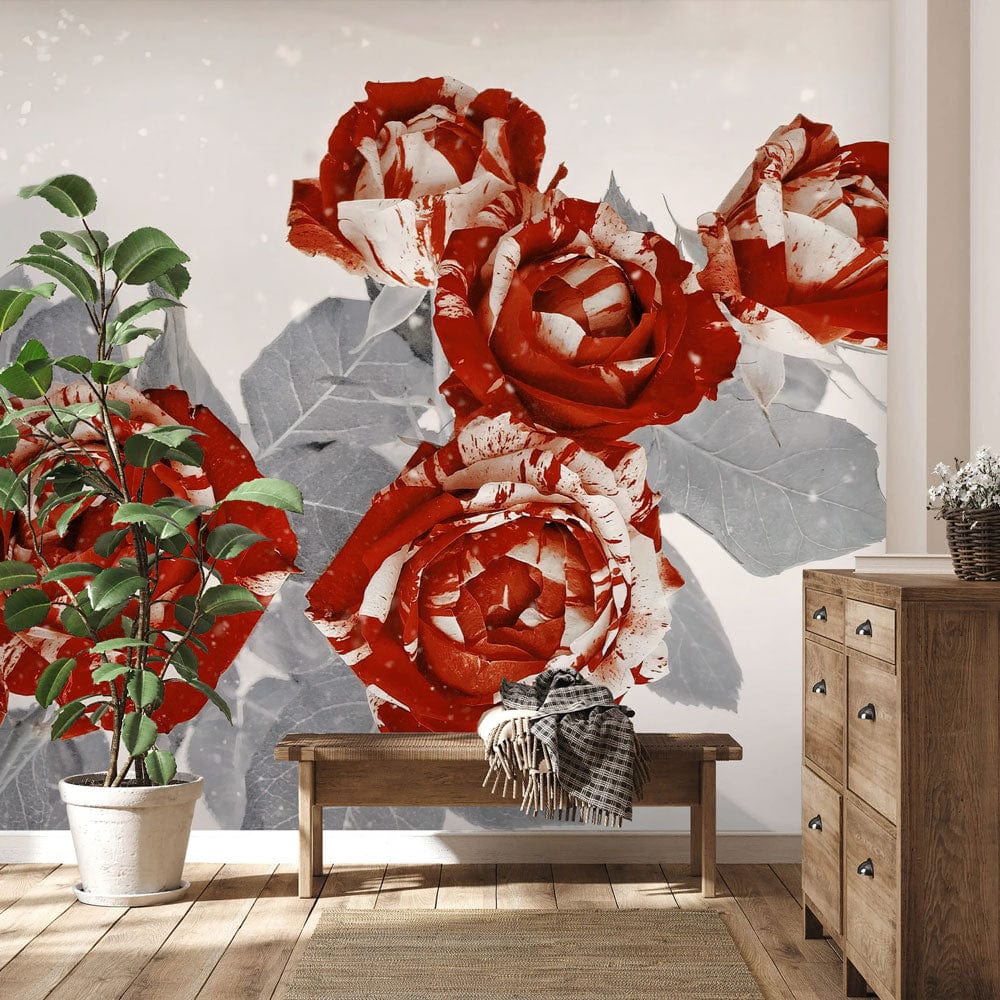 Red Rose Floral Art Mural Wallpaper in entryway