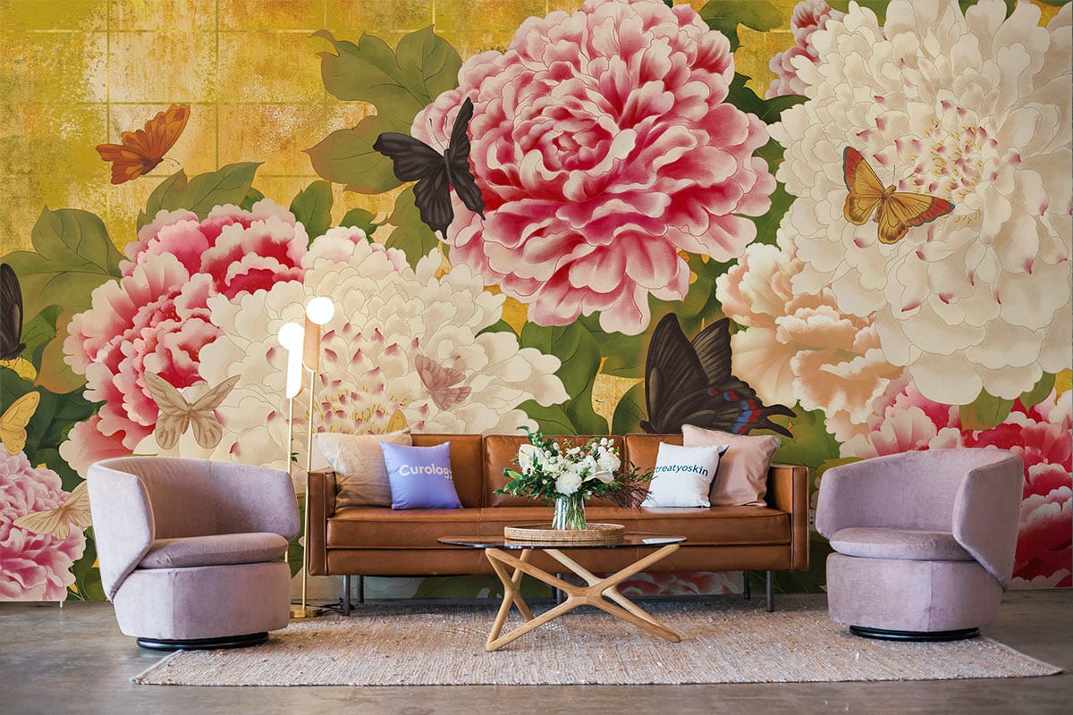Vintage Floral Butterfly Wallpaper Mural in living room