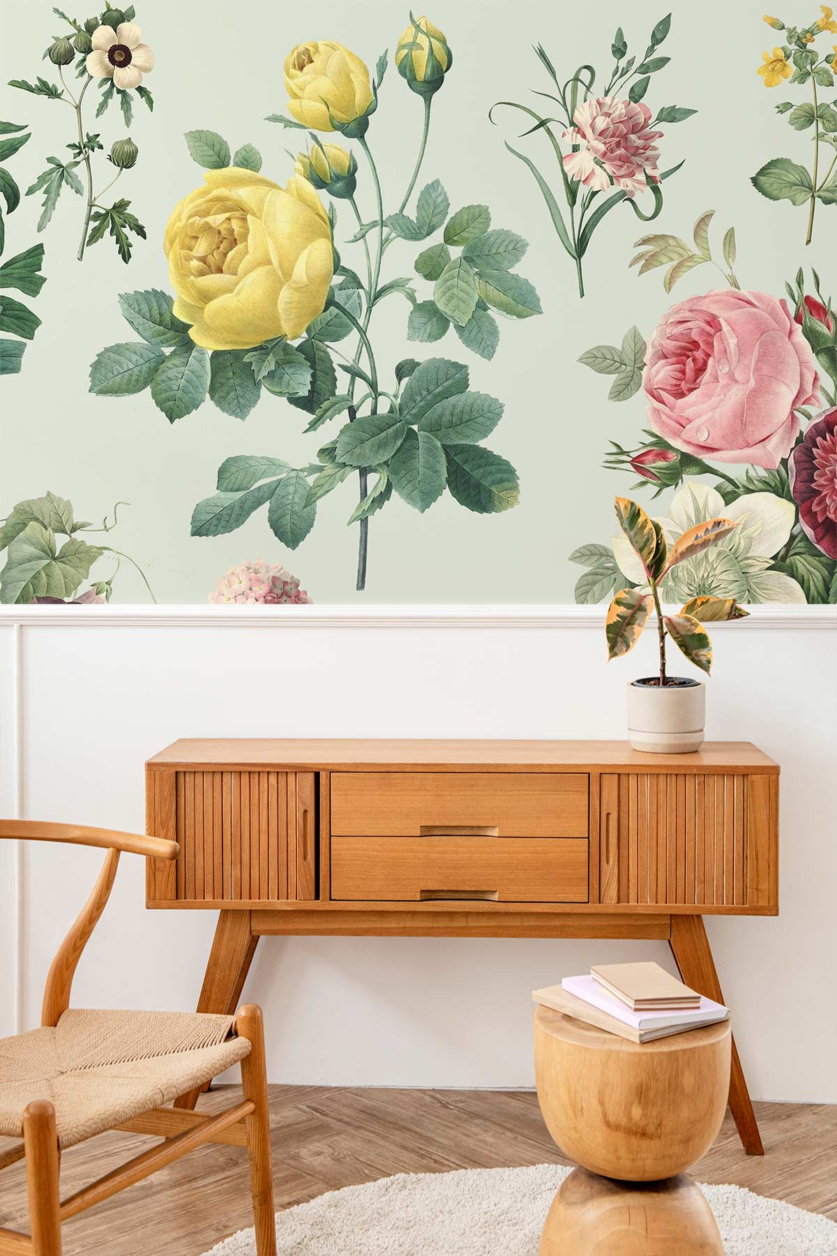 Vintage Botanical Garden Floral Wall Mural in living room