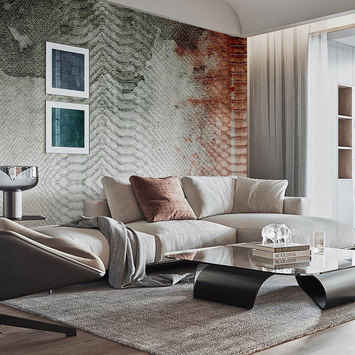 Mural Wallpaper Design for the Living Room Featuring a Blotted Python Skin Texture