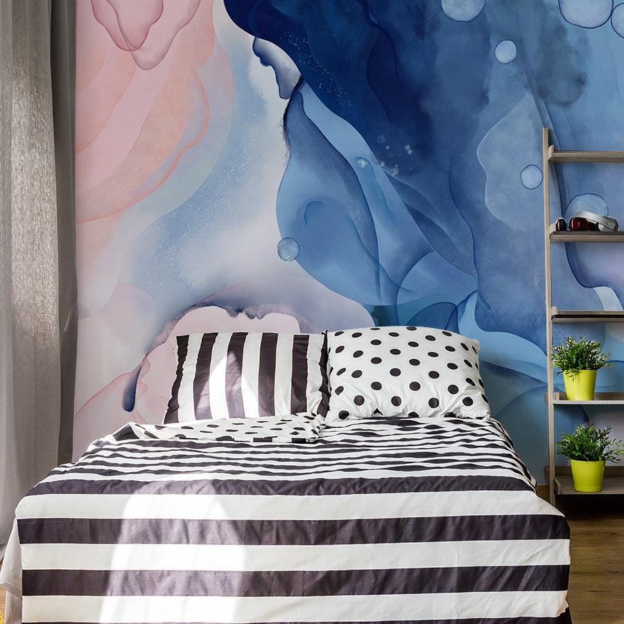 Ethereal Blue Pink Watercolor Mural Wallpaper in bedroom