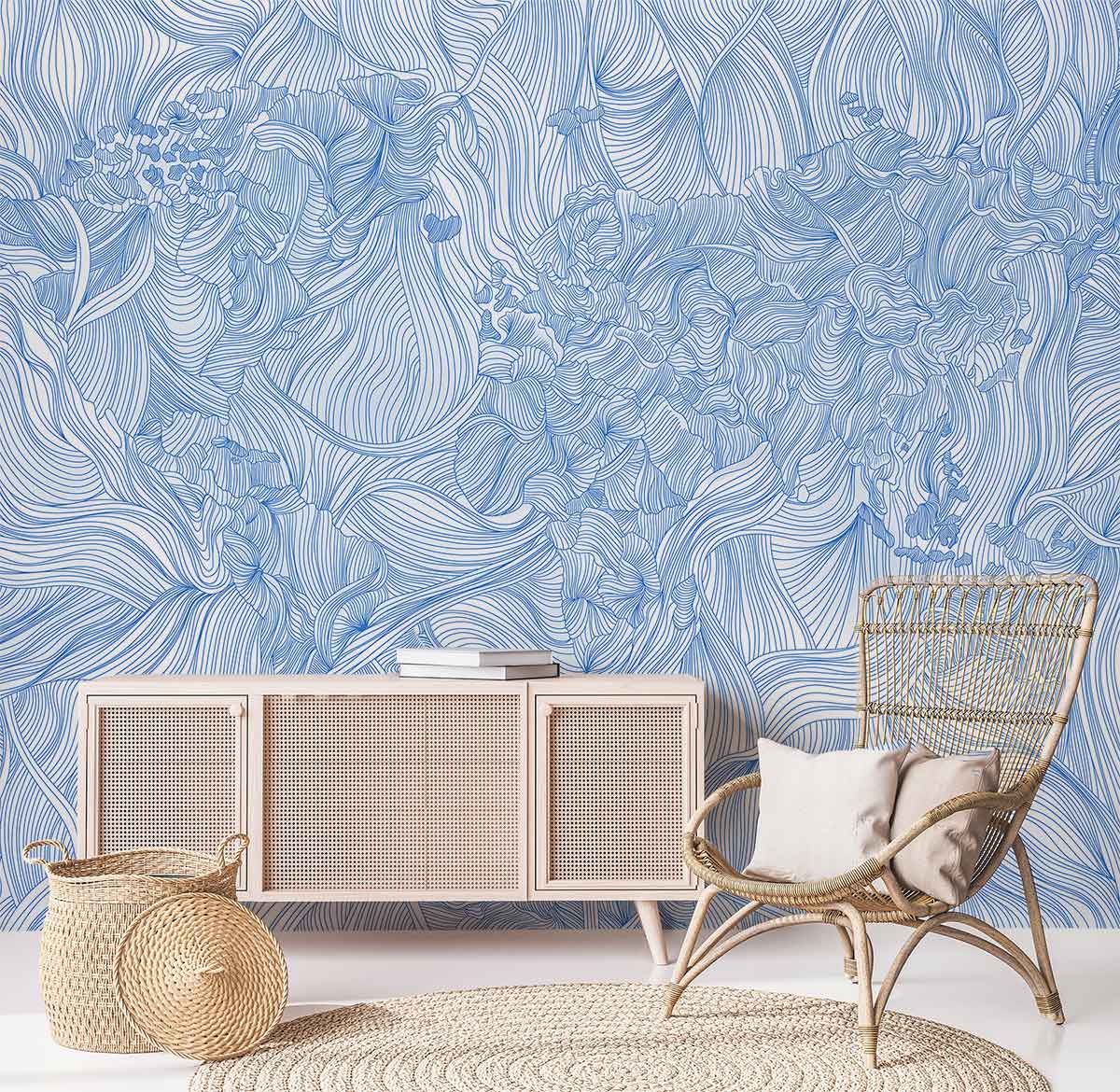 sketched Blue Crossing line flower wall Murals for reading Room decor