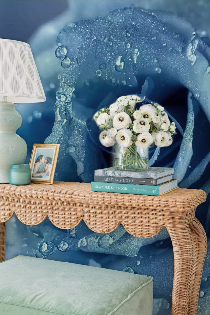 Hallway adornment featuring a wallpaper mural of a blue enchantress