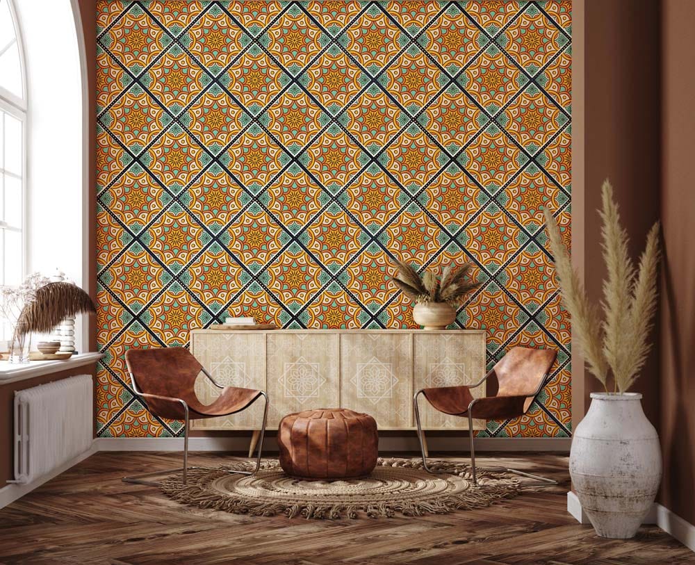 For hallway design, choose yellow wallpaper murals with repeating floral motifs.