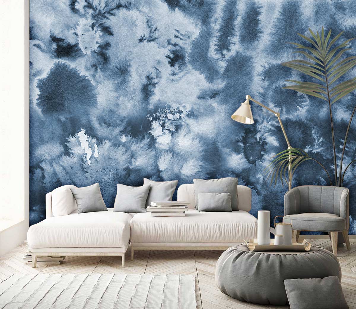 Mural Wallpaper in Blue Fog for the Living Room