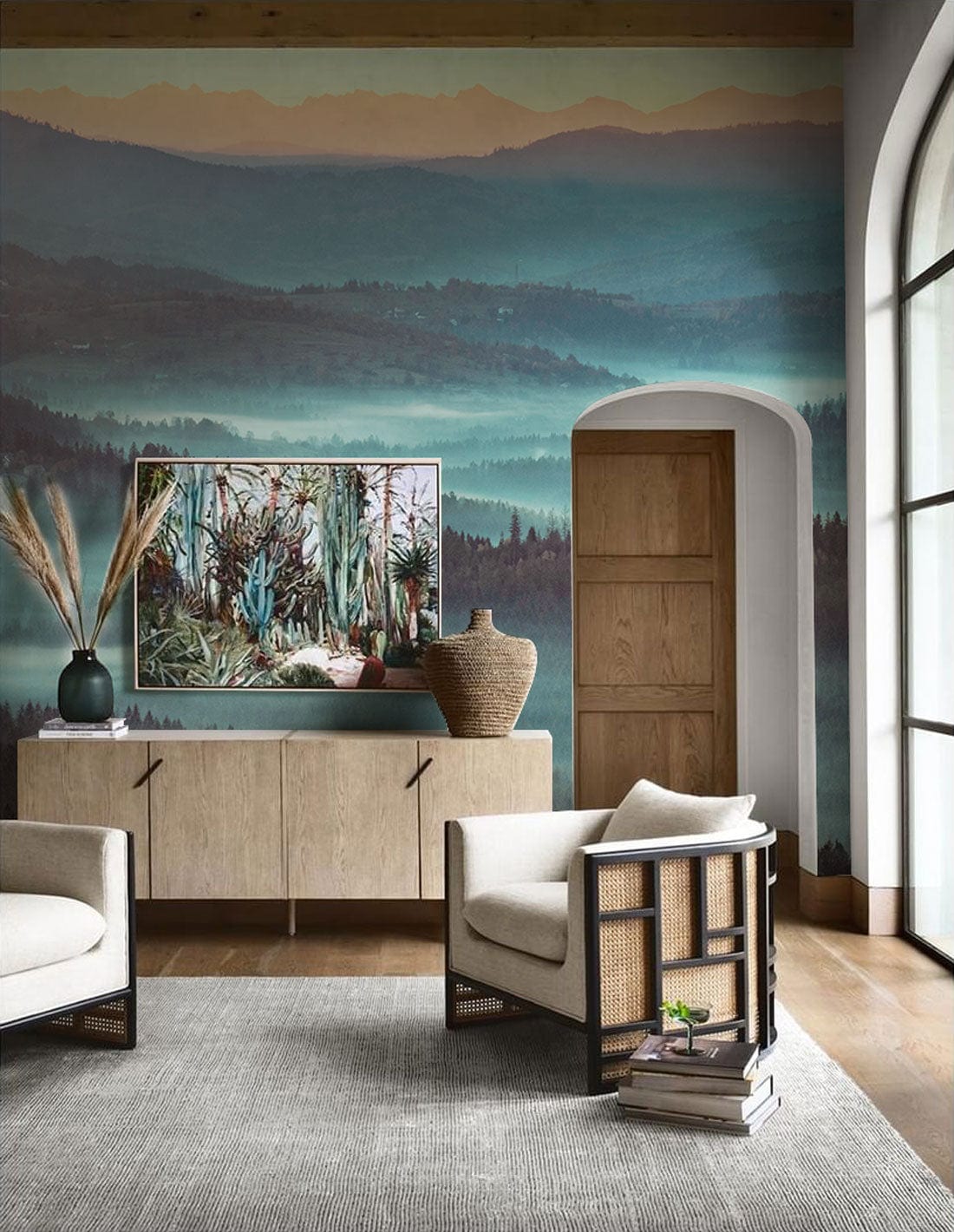 Living room wallpaper mural of a foggy, blue forest