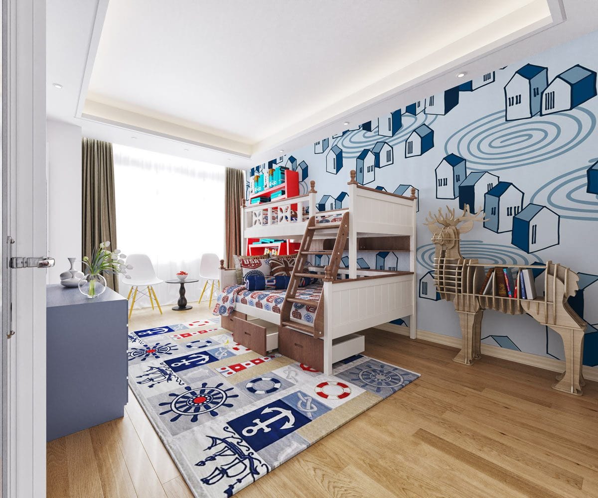 Blue Group Houses Wallpaper Mural for Use as Decoration in the Living Room