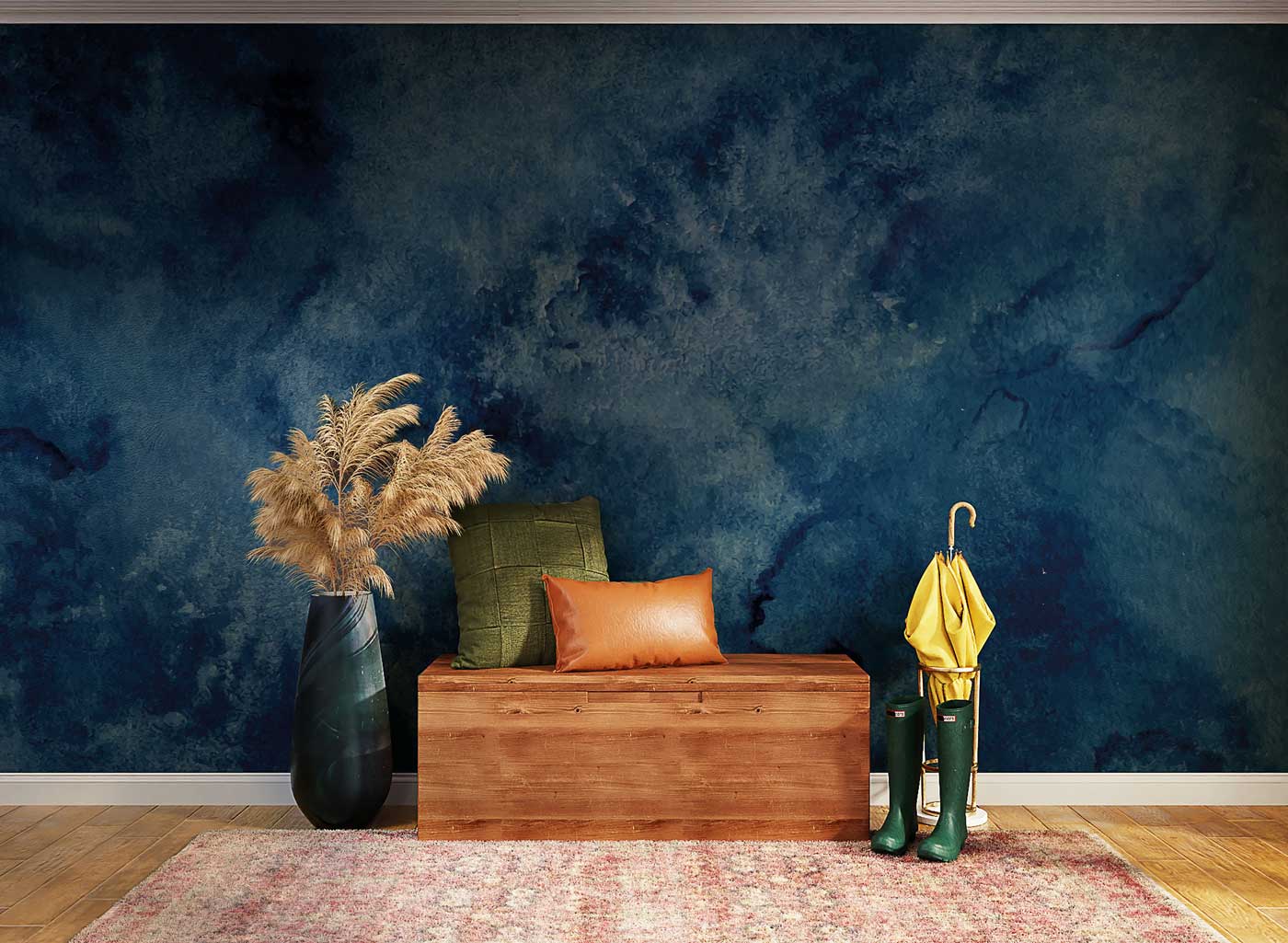 Mural wallpaper design featuring a blue marble pattern for the living room.