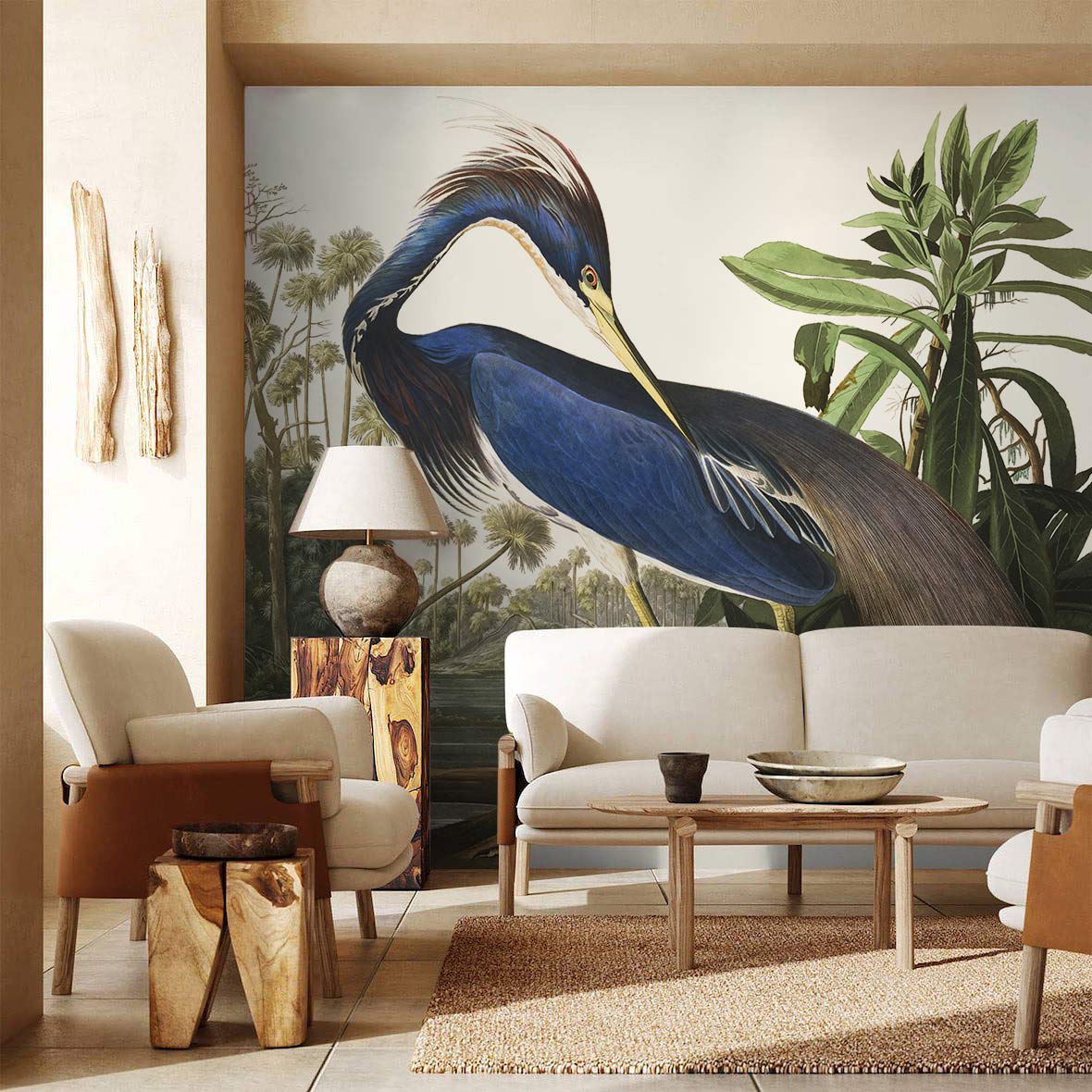 Tropical Bird Jungle Scene Mural Wallpaper in living room