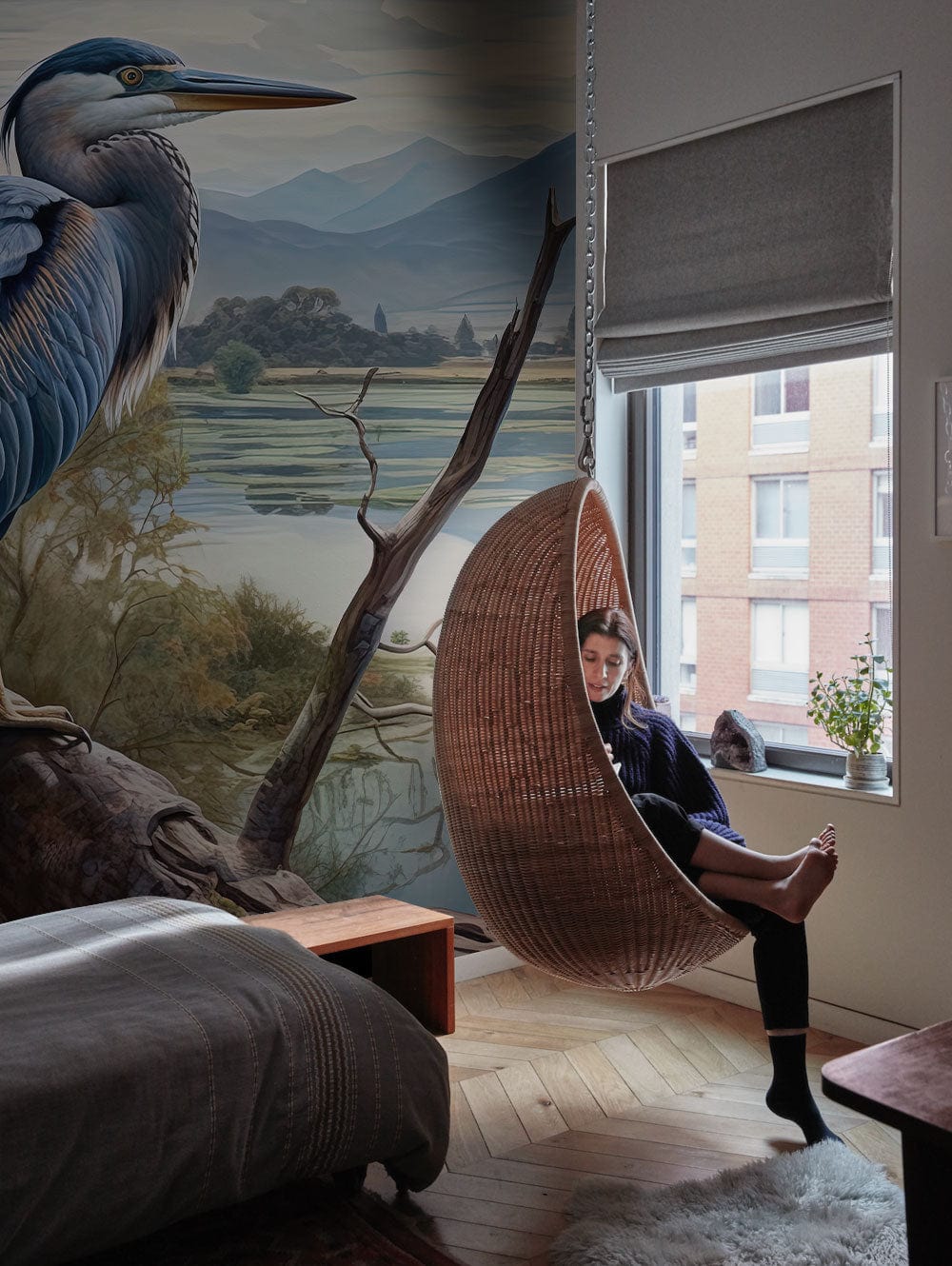 Majestic Heron Nature Landscape Mural Wallpaper in bedroom