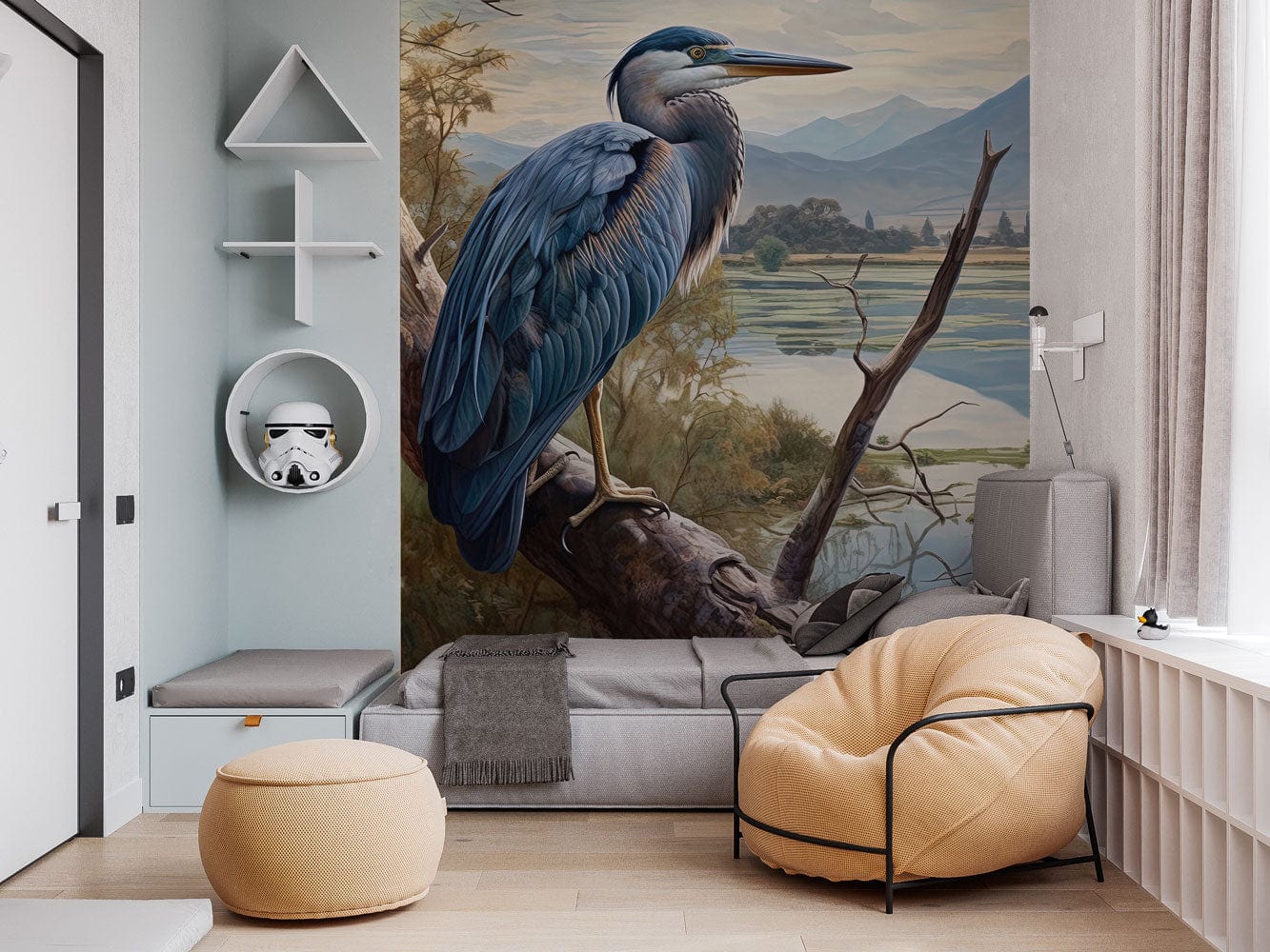 Majestic Heron Nature Landscape Mural Wallpaper in playroom