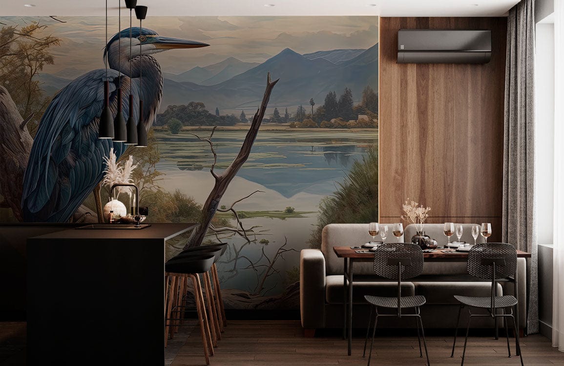 Majestic Heron Nature Landscape Mural Wallpaper in dining room