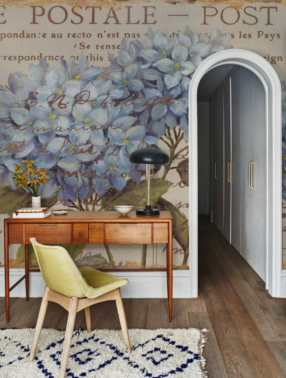 Vintage Blue Floral Postcard Mural Wallpaper in office