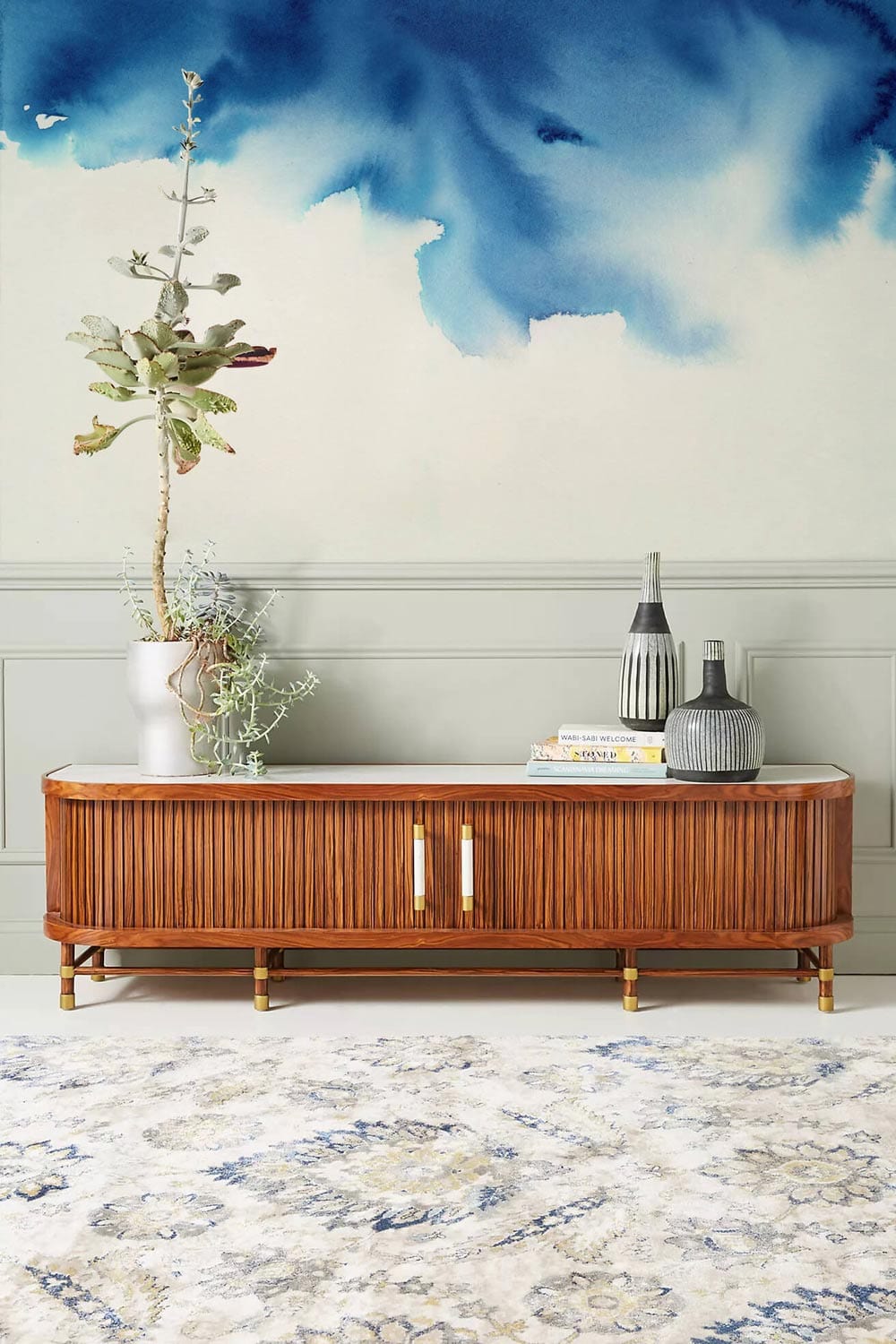 blue and white watercolor wallpaper for living room