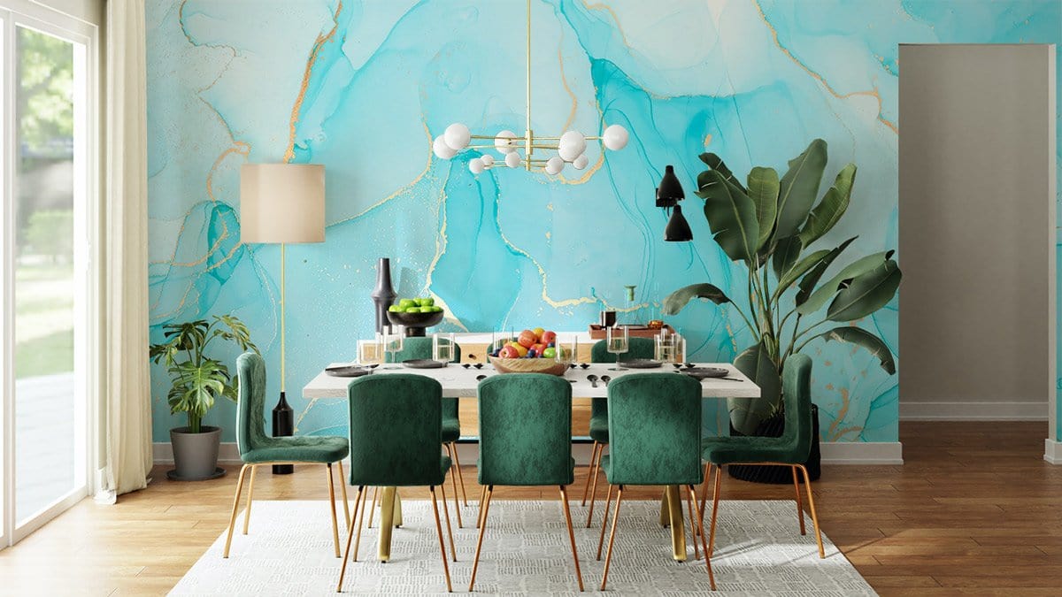 Abstract Blue Gold Marble Mural Wallpaper in dining room