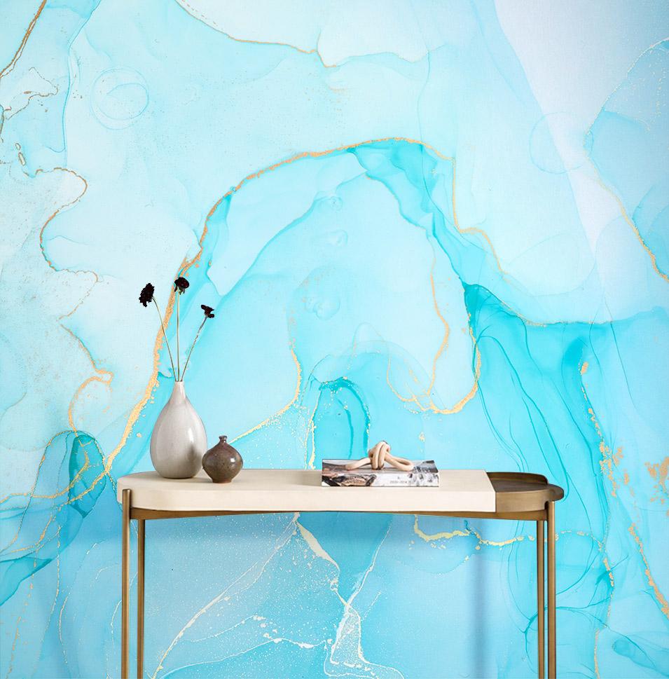Abstract Blue Gold Marble Mural Wallpaper in living room