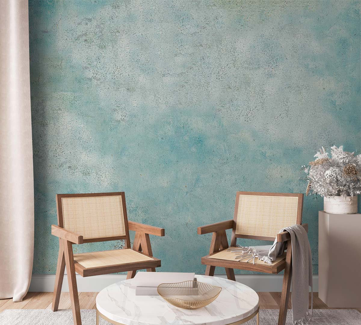 Aged Turquoise Abstract Art Mural Wallpaper in living room