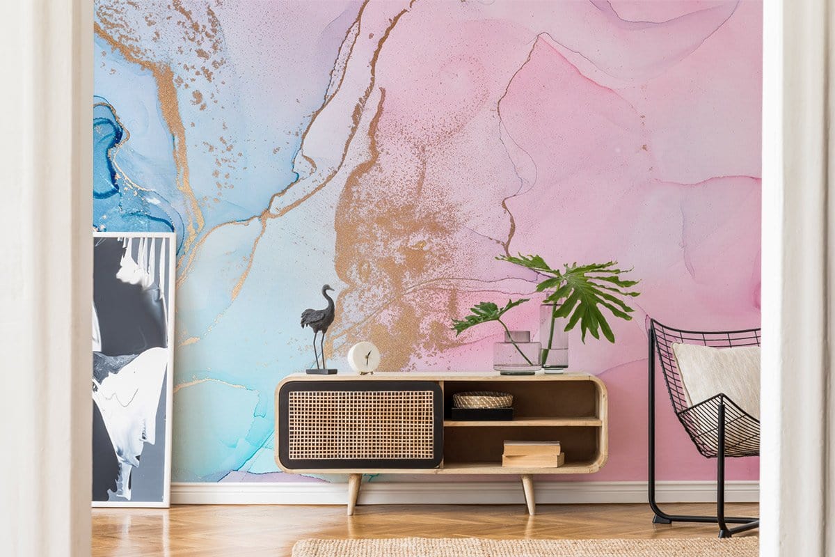 Abstract Pink Gold Blue Mural Wallpaper in living room