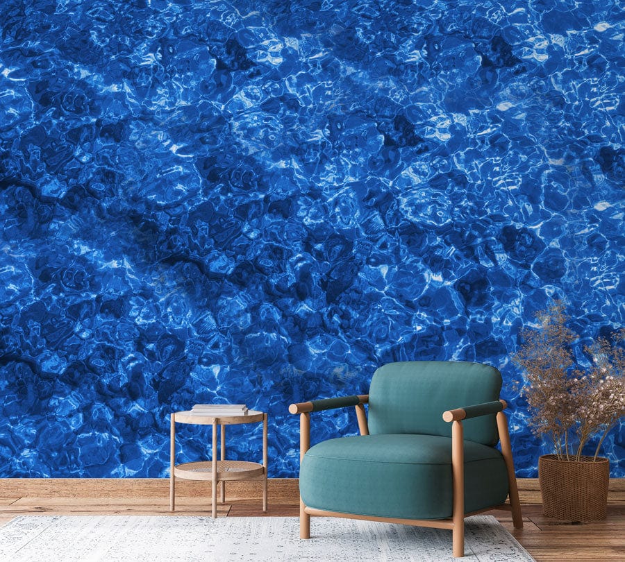 Wallpaper mural with blue ripples for the hallway's decor.