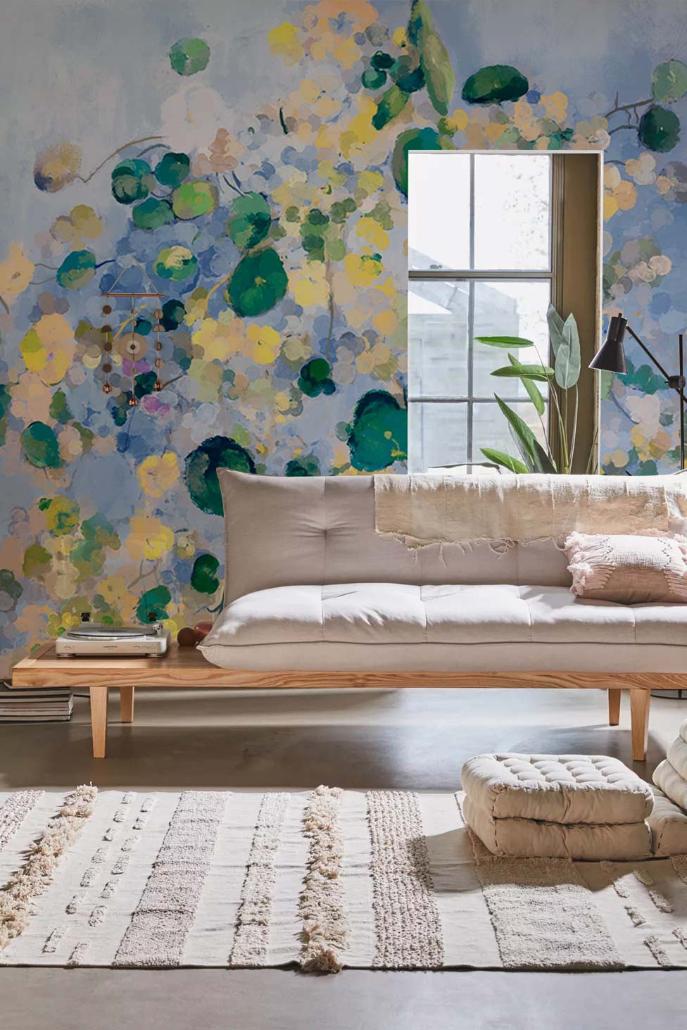 Wallpaper with Blue Flower Vines in the Living Room