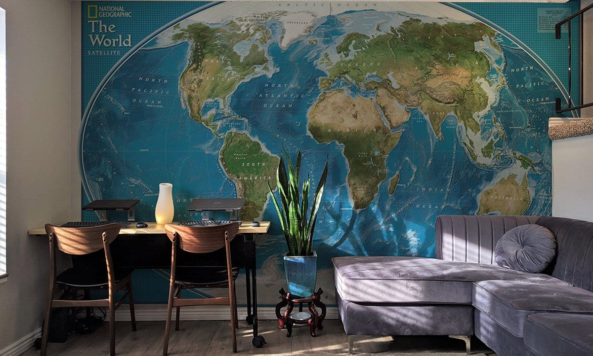 Educational Satellite Explorer World Map Mural in living room