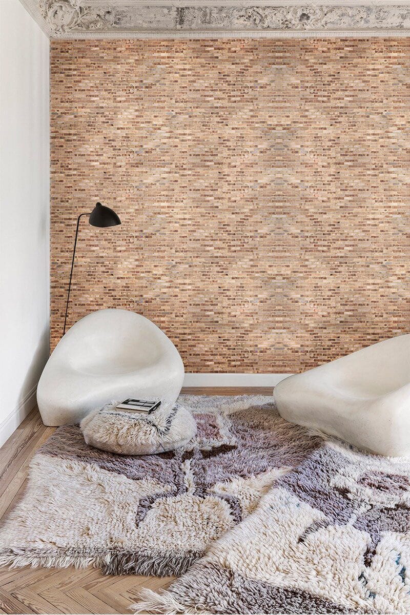 Rustic Textured Beige Brick Mural Wallpaper in living room