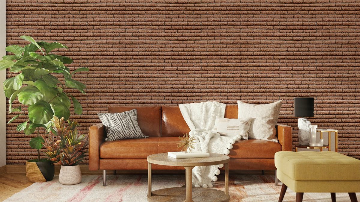 Rustic Textured Brown Brick Mural Wallpaper in living room