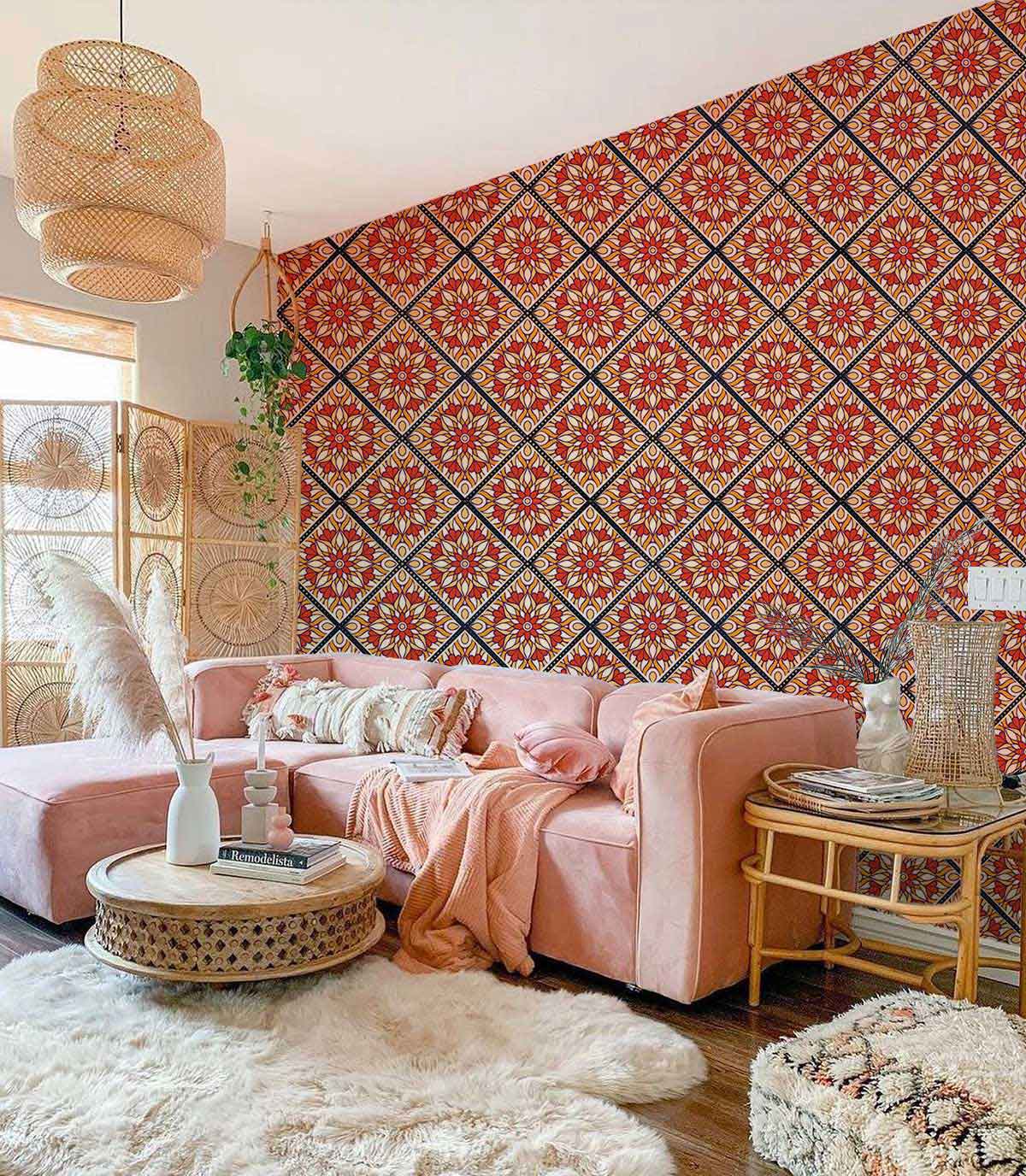 wall coverings with a repeating pattern of flowers