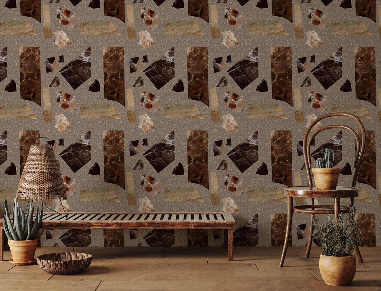 Marble Wallpaper Mural with Terrazzo Pieces in Brown for the Hallway Decoration