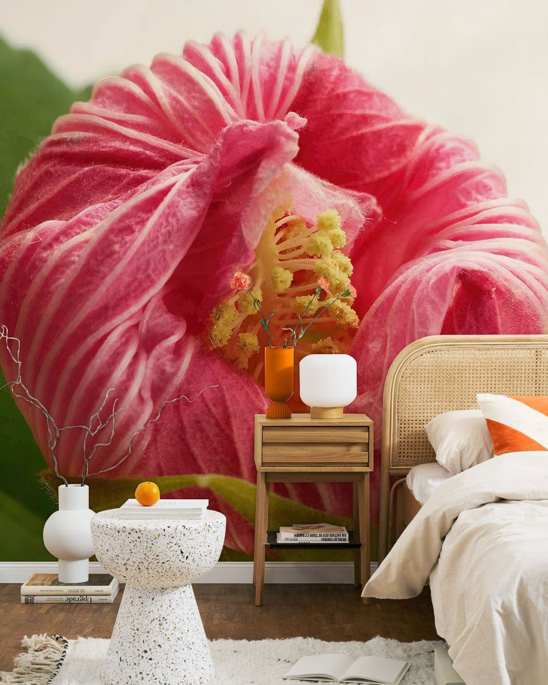 Wallpaper mural with a blooming hibiscus flower, perfect for use as bedroom decor